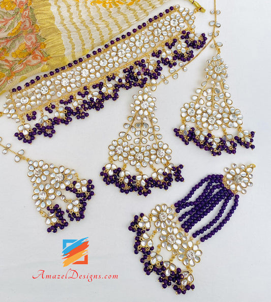 Lila Kundan Kristall leichte flexible Choker Ohrringe Tikka Passa Set 