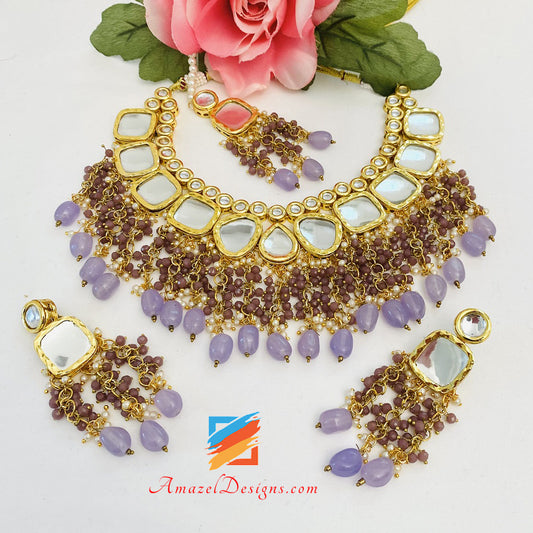 Purple Lavender Mauve Big Kundan Earrings Tikka Set