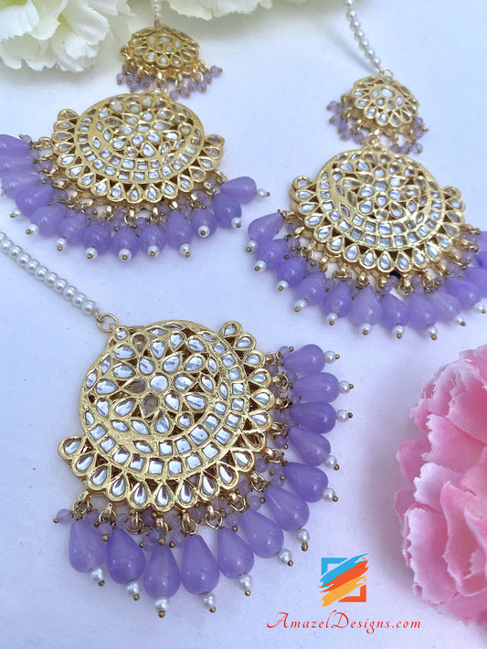 Viola Lavanda Malva Golden Kundan Orecchini Set Tikka 