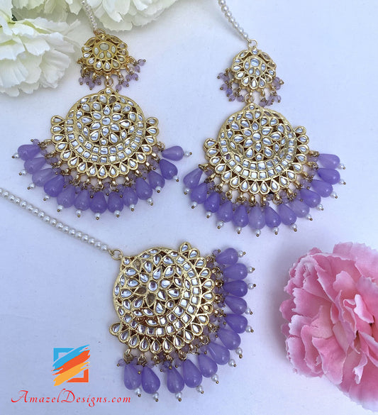 Viola Lavanda Malva Golden Kundan Orecchini Set Tikka 