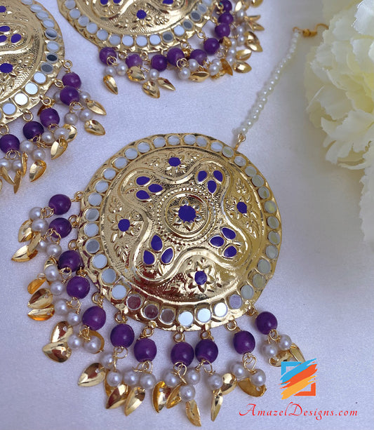 Purple Sheesha Lightweight Pippal Patti Oversized Earrings Tikka Set