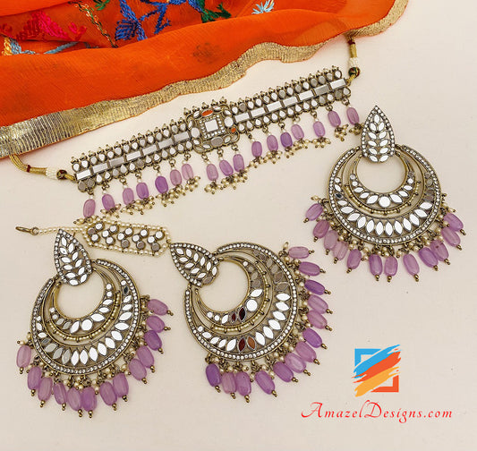 Purple Mirror Choker Necklace Earrings Tikka Set