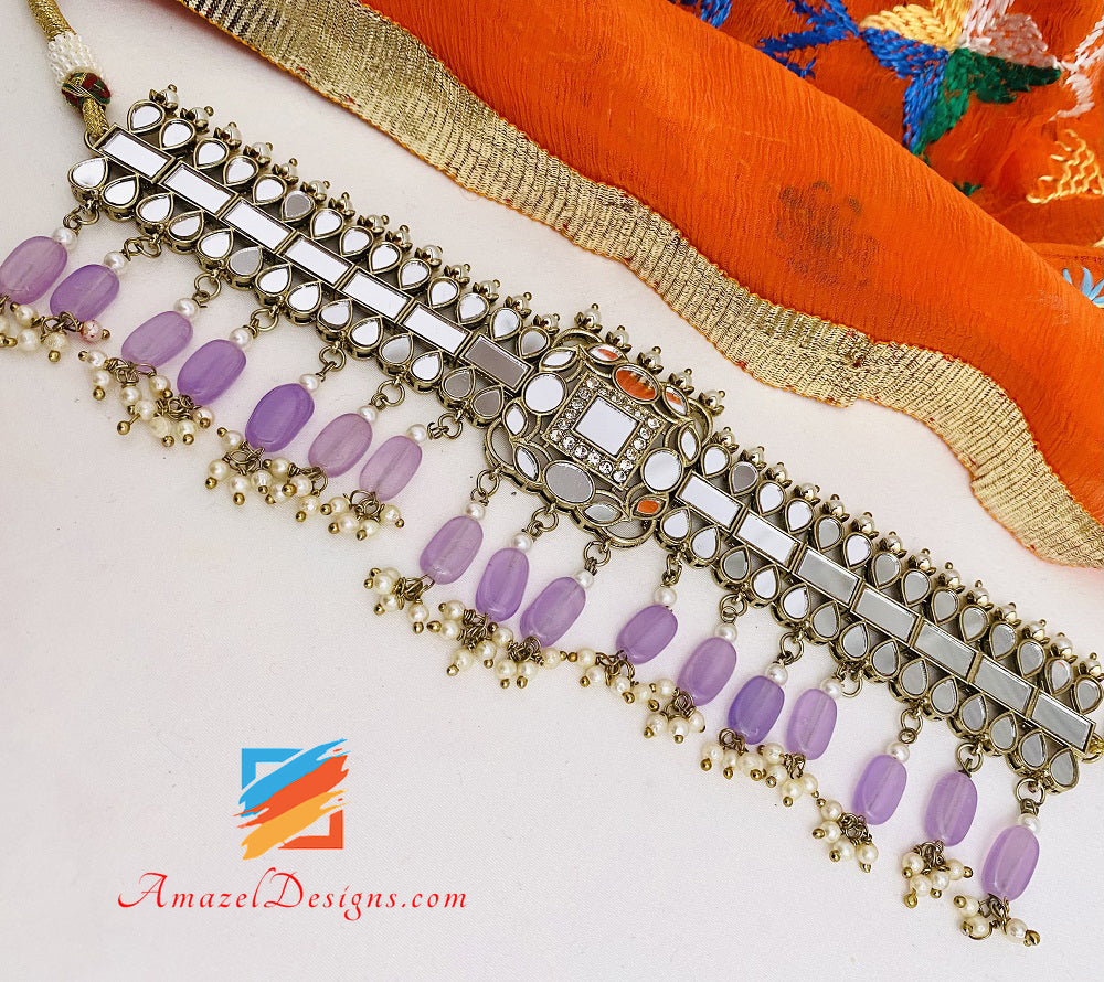 Purple Mirror Choker Necklace Earrings Tikka Set