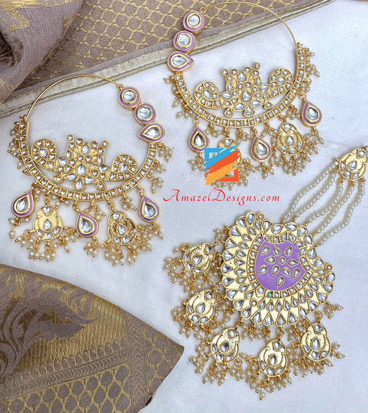 Purple Oversized Kundan Waliyaan Balley Lightweight Earrings Passa Set