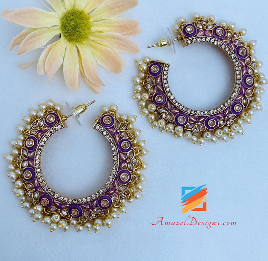 Purple Painted Pearly Polki Hoops