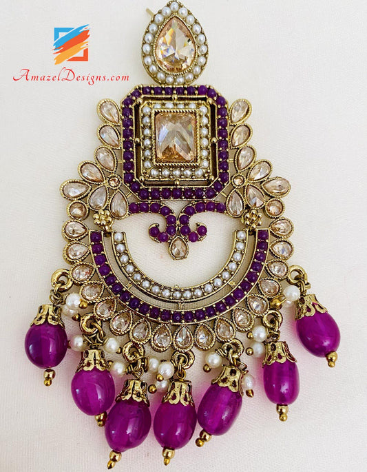 Purple Polki Earrings Tikka Set