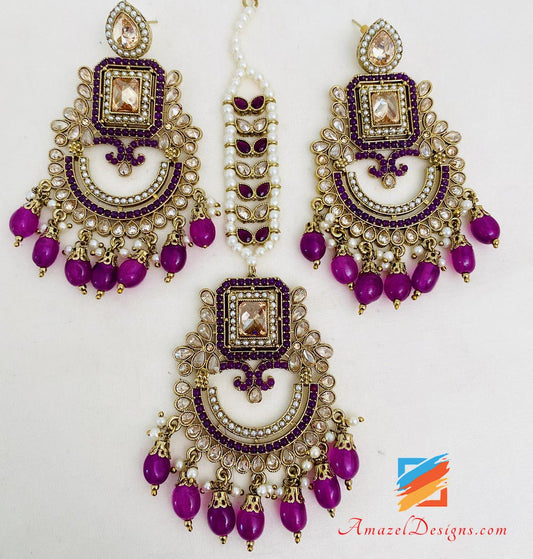 Purple Polki Earrings Tikka Set