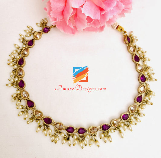 Purple Polki Hanging Beads Single Line Choker/Necklace