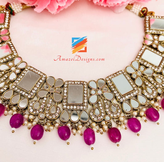 Purple (Lavender) Sheesha Necklace Earrings Tikka and Passa Set