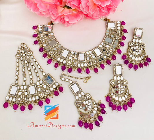 Purple (Lavender) Sheesha Necklace Earrings Tikka and Passa Set