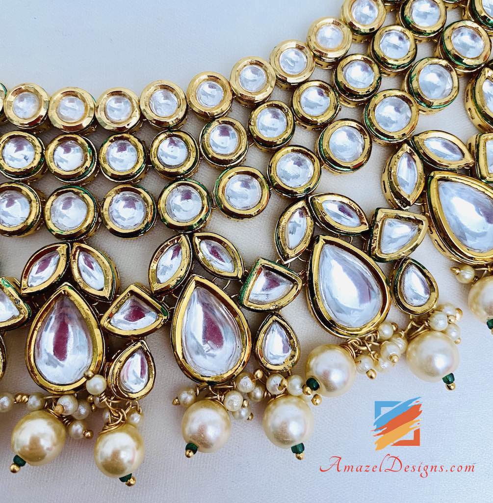 Ravishing Heavy High Quality White Kundan Necklace Earring Tikka Set