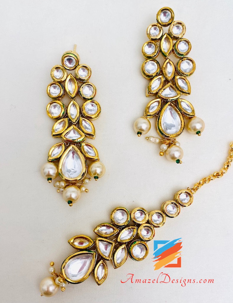 Hinreißendes, schweres, hochwertiges weißes Kundan-Halsketten-Ohrring-Tikka-Set