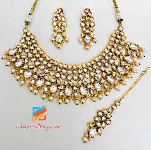 Ravishing Heavy High Quality White Kundan Necklace Earring Tikka Set