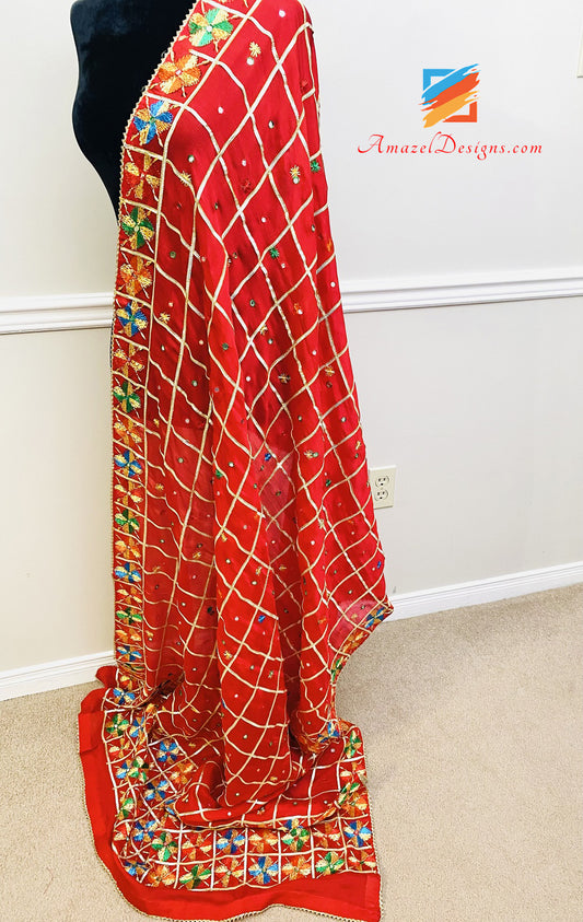 Red Aari And Mirror Work Super Lightweight Fulkari