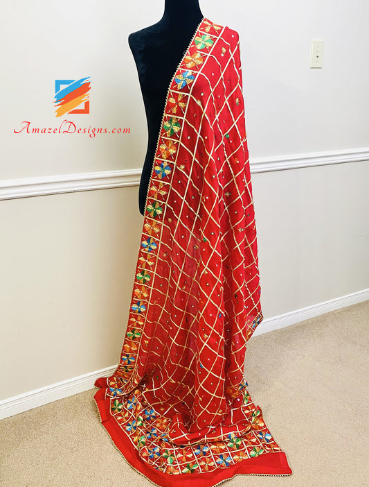 Red Aari And Mirror Work Super Lightweight Fulkari