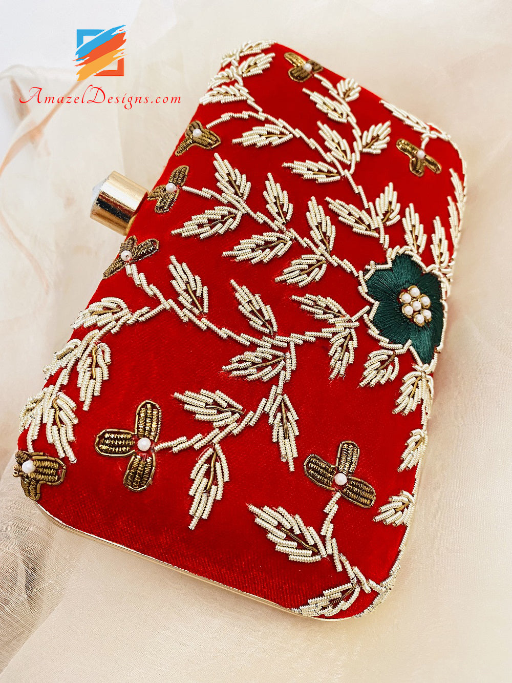 Red Clutch Dabka Work Touch Of Green