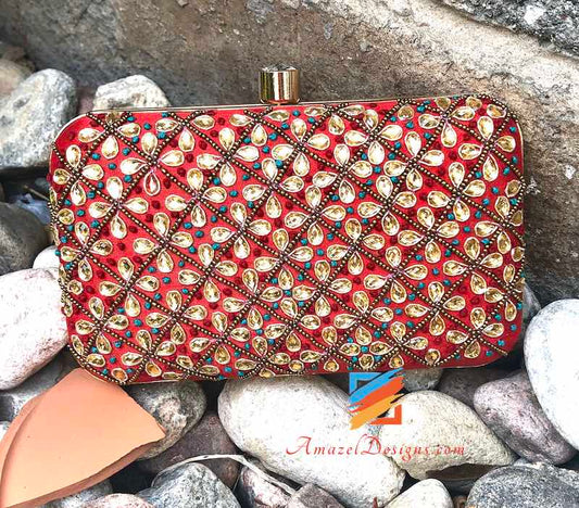 Red Kundan and Beads Work Clutch