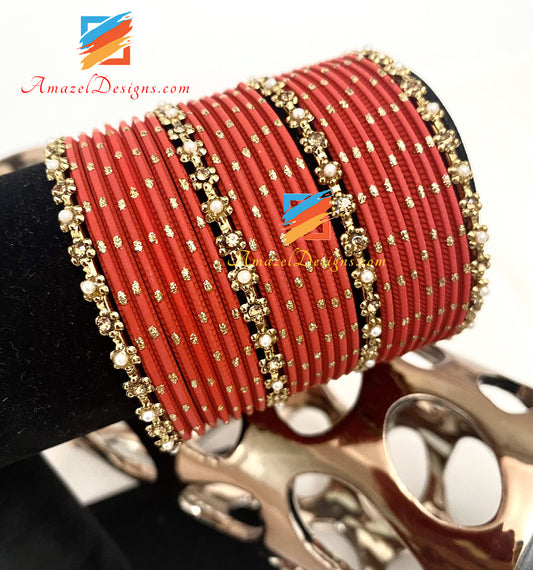 Red Dull Golden Stones and Pearl Bangles Set