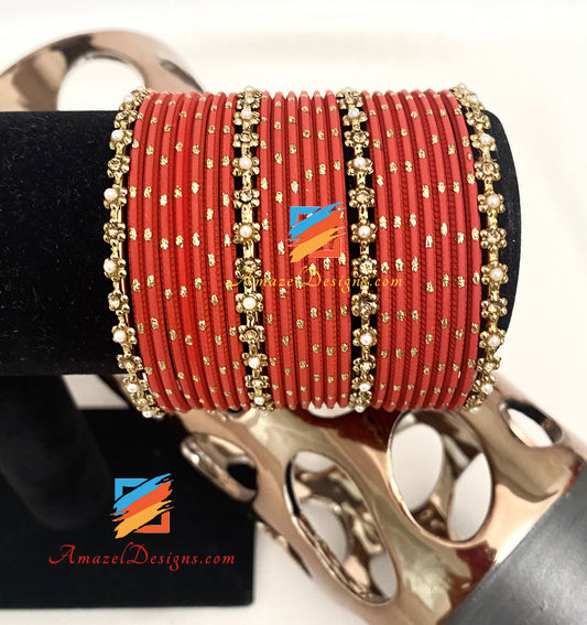 Red Dull Golden Stones and Pearl Bangles Set