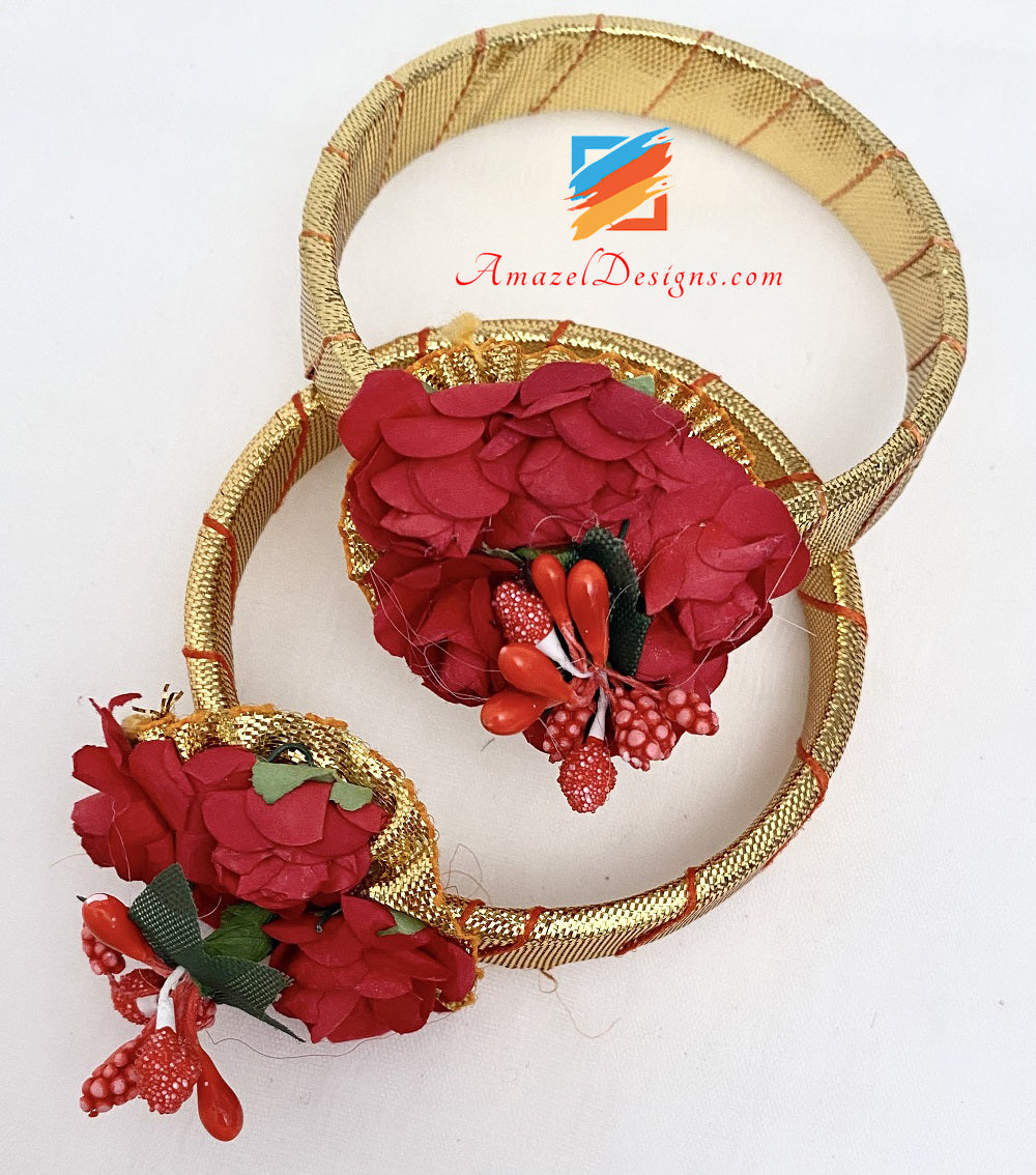 Red Flower Necklace Earrings Tikka And Kadas