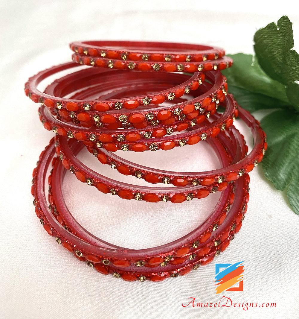 Red Glass Bangles With Stones