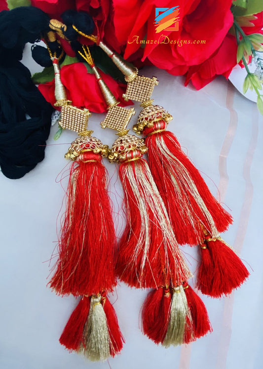 Red Golden Paranda With Stones And Ghungroo