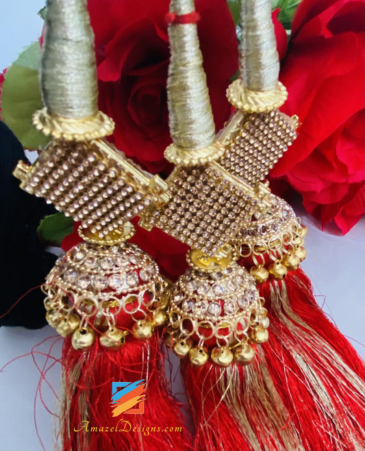 Red Golden Paranda With Stones And Ghungroo