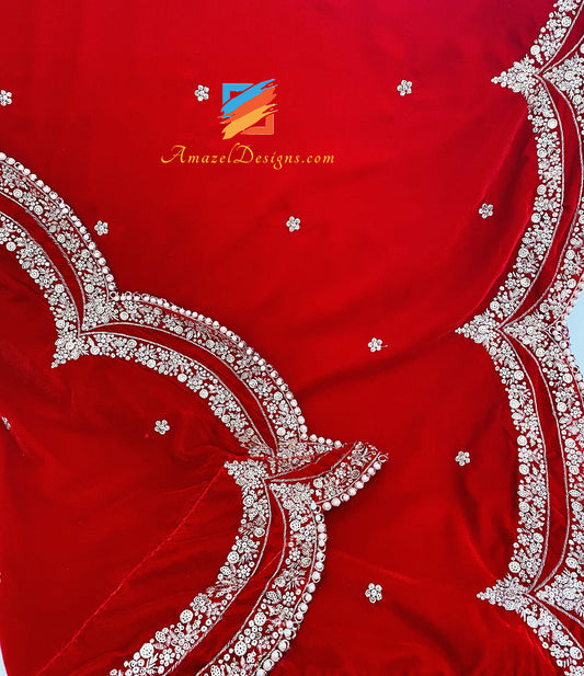 Red Golden Tilla Sitara Beads Cut Work Velvet Shawl