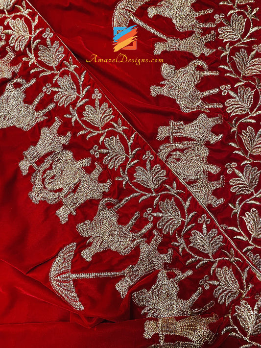 Red Groom Velvet Shawl Stole Golden Tilla Work