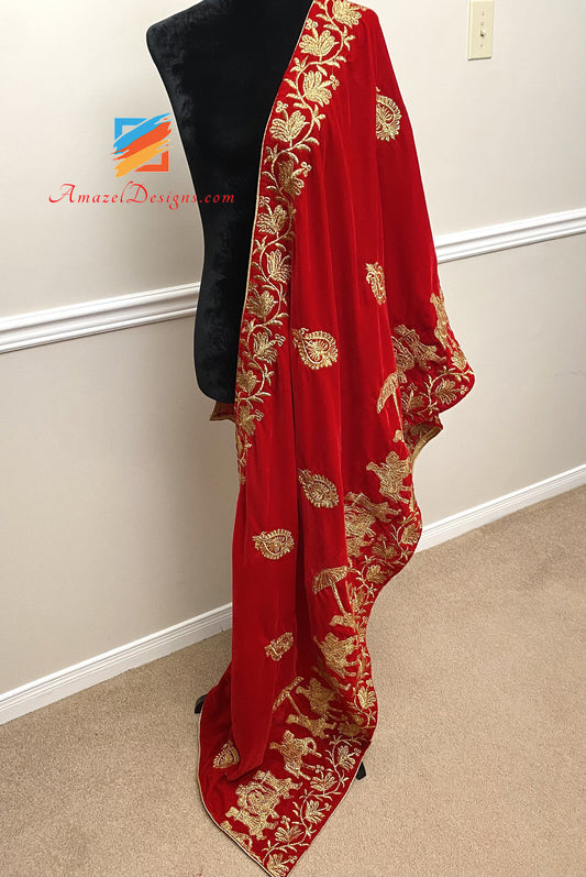 Red Groom Velvet Shawl Stole Golden Tilla Work