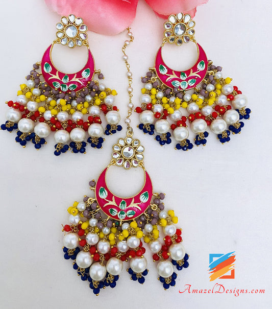 Red Hand Painted Meenakari Earrings Tikka Set