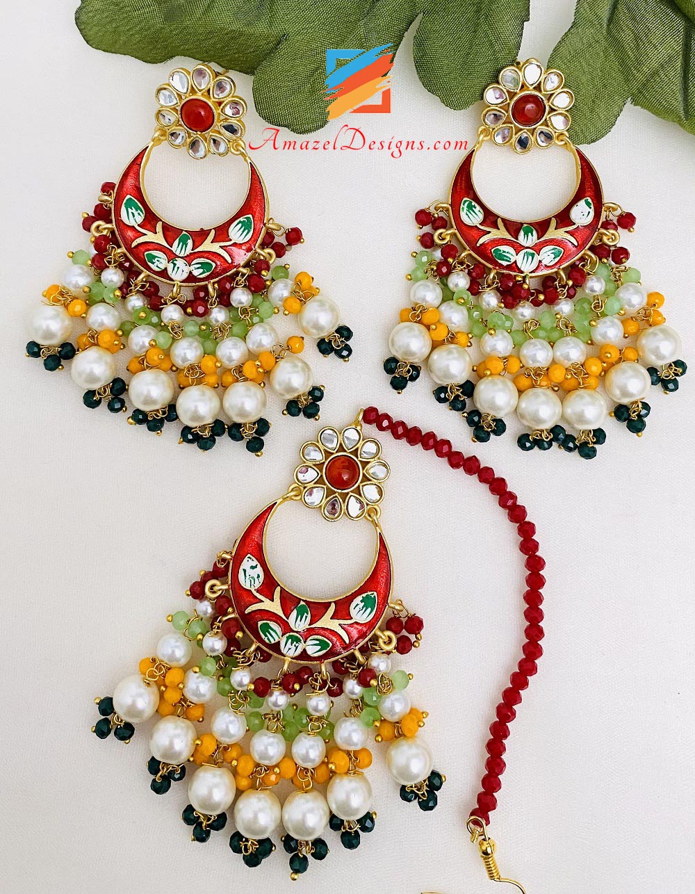 Red Hand Painted With Bunches Of Beads Earrings Tikka Set