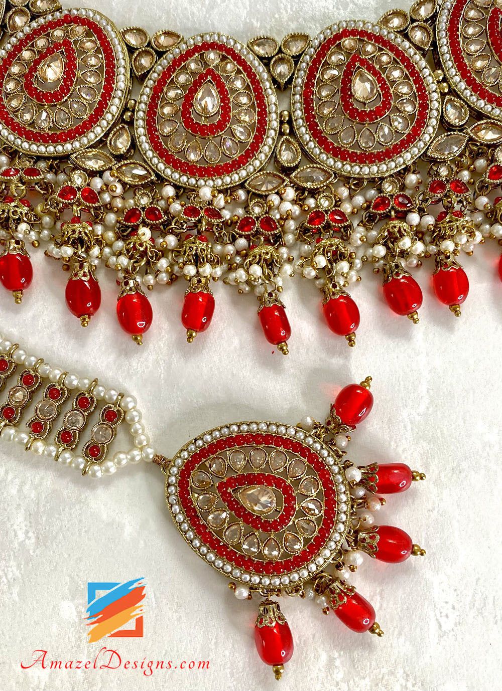 Rotes hochwertiges Polki-Halsband-Halsketten-Ohrring-Tikka-Set 