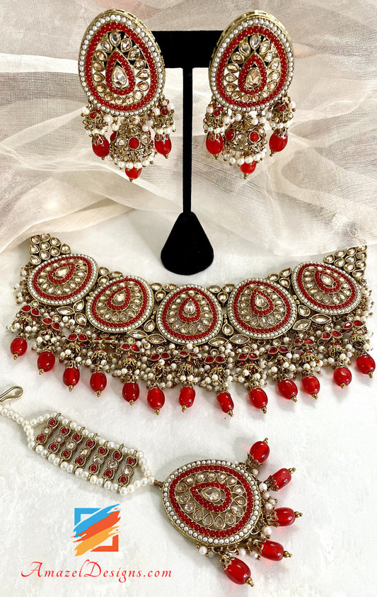 Red High Quality Polki Choker Necklace Earrings Tikka Set