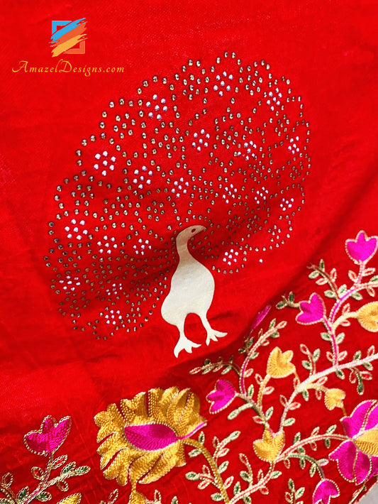 Red Kundan Multi Border Velvet Shawl