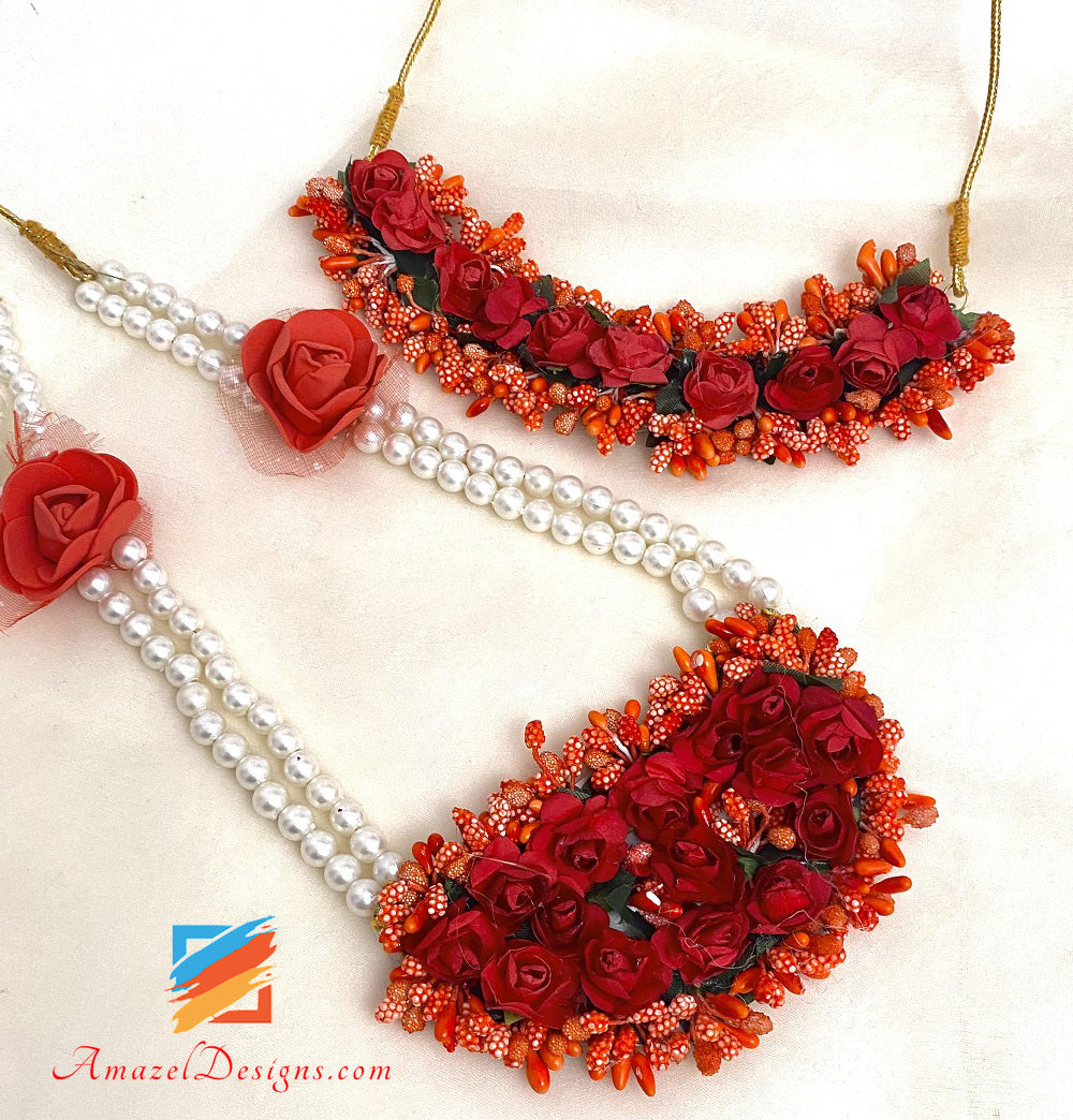 Red Long And Choker Double Necklaces Flower Jewellery