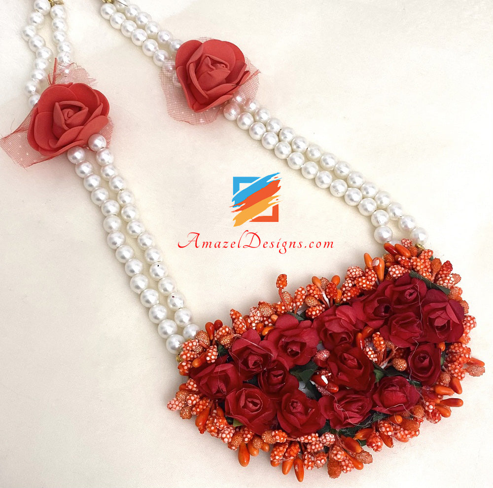 Red Long And Choker Double Necklaces Flower Jewellery