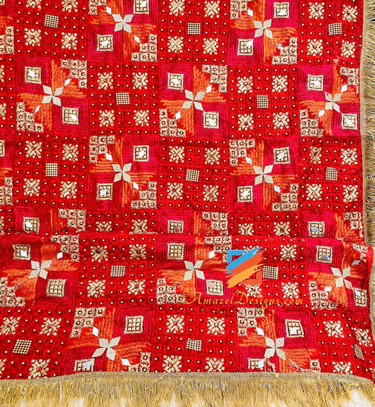 Red Magenta Kundan Mirror Phulkari with Kirnawala Gotta