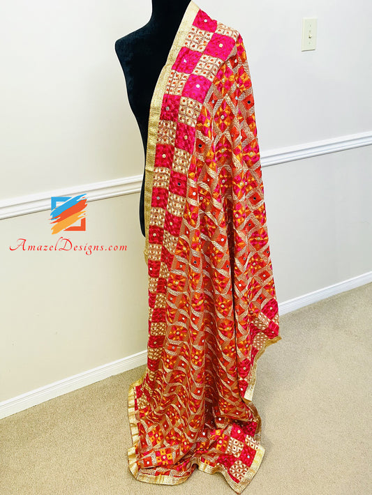 Red Magenta Sheesha Phulkari with Border