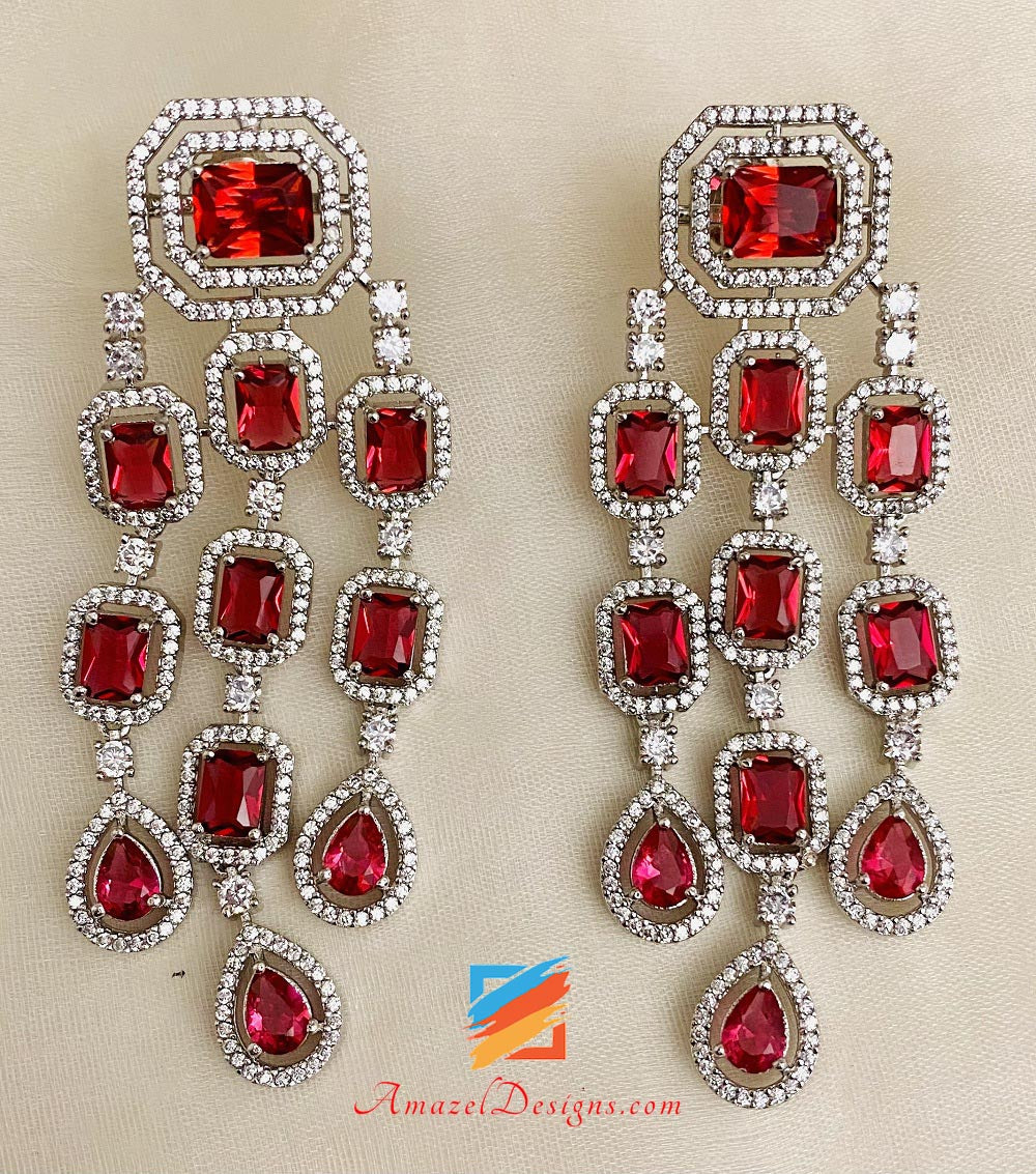 Red Mehroon American Diamond (AD) Earrings