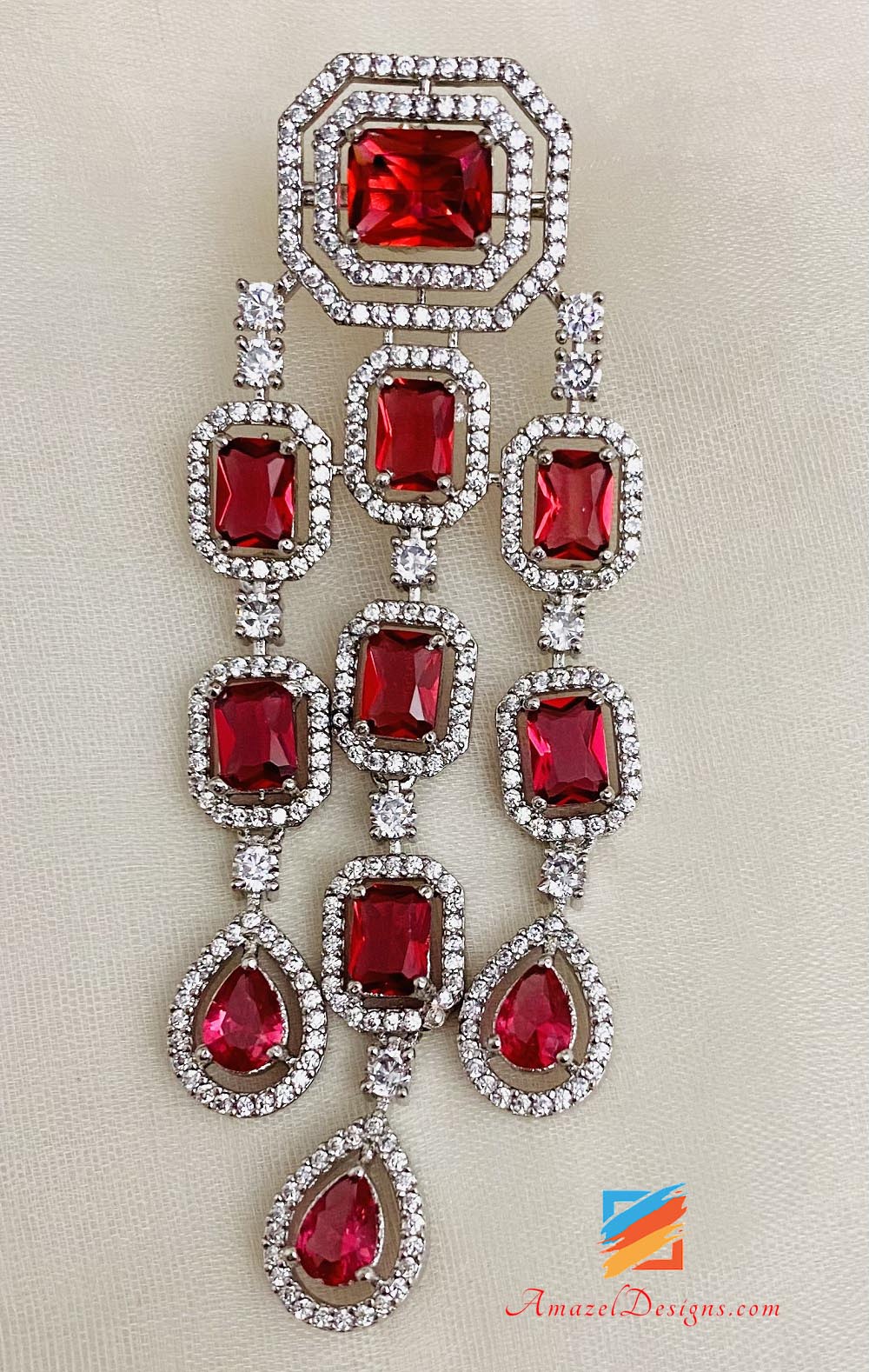 Red Mehroon American Diamond (AD) Earrings