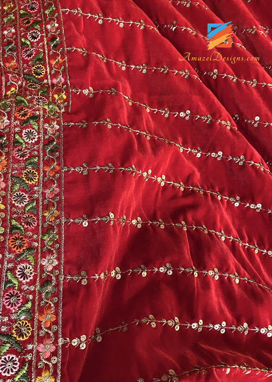 Red Multi Border All Over Sitara Tilla Velvet Shawl