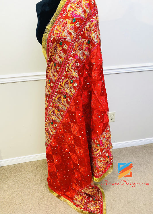 Red Phulkari Duppatta Mutyara On Both Sides