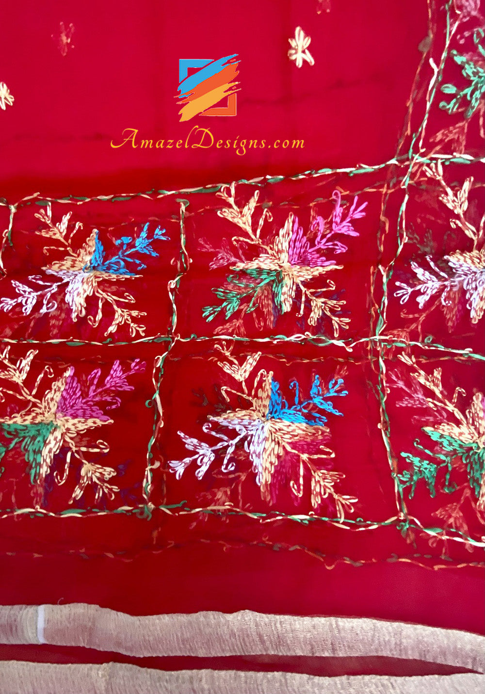 Red Phulkari With Golden Tissue Kinari