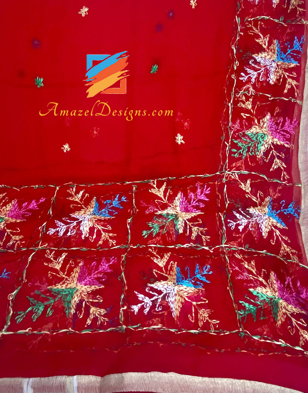 Red Phulkari With Golden Tissue Kinari
