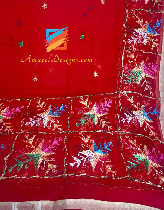 Red Phulkari With Golden Tissue Kinari