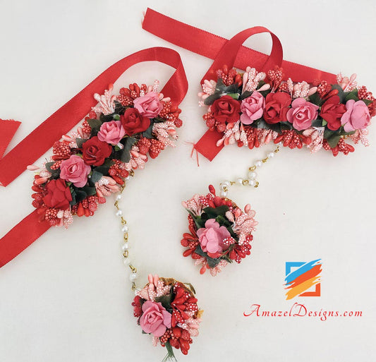 Rot-rosa Halsband mit langen Mala-Ohrringen Tikka und Handstücken mit befestigten Ringen