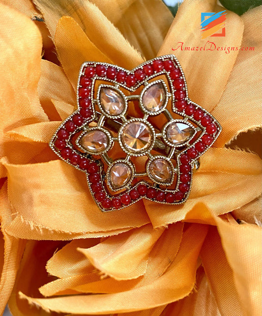 Red Polki Adjustable Ring