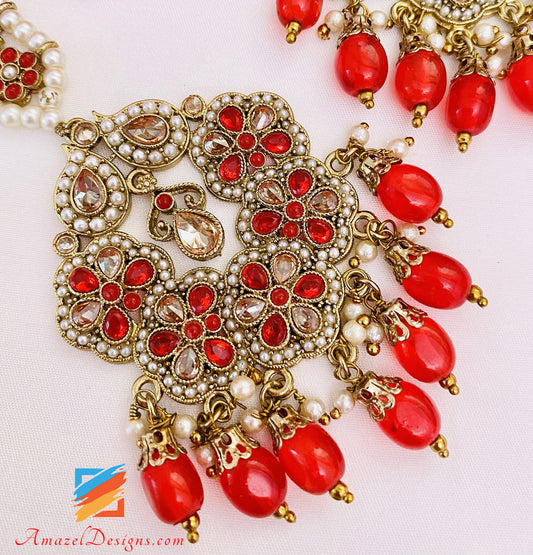 Red Polki Earrings Tikka Set