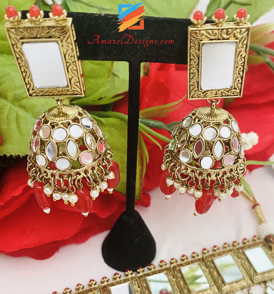 Rotes Sheesha-Halsband-Jhumki-Tikka-Set 